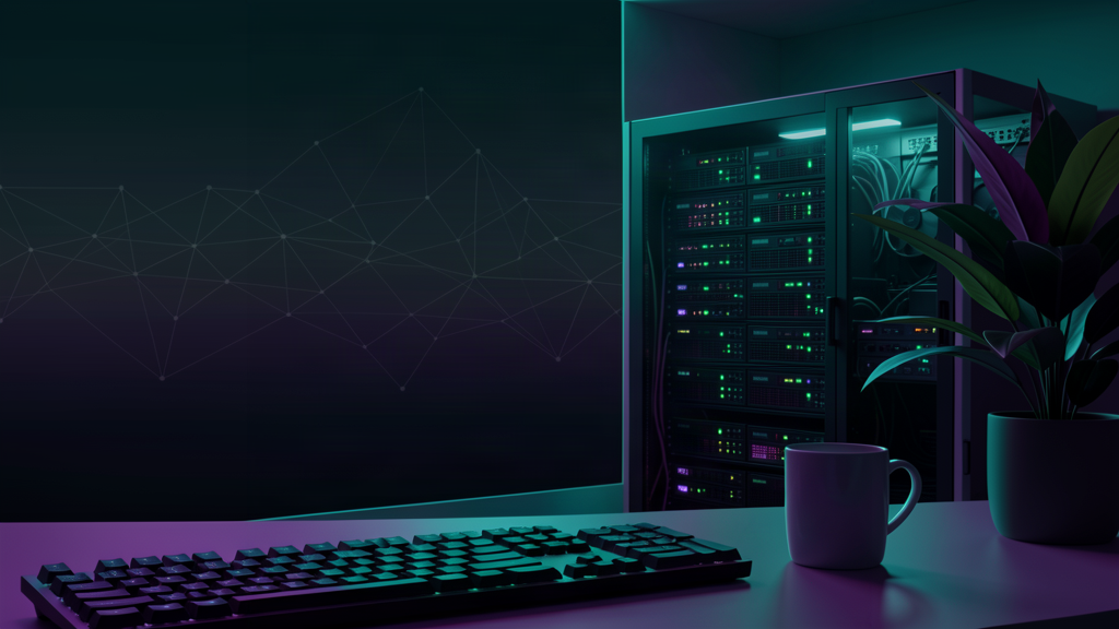 Home server rack over a mesh network, with a desk and mug in the foreground