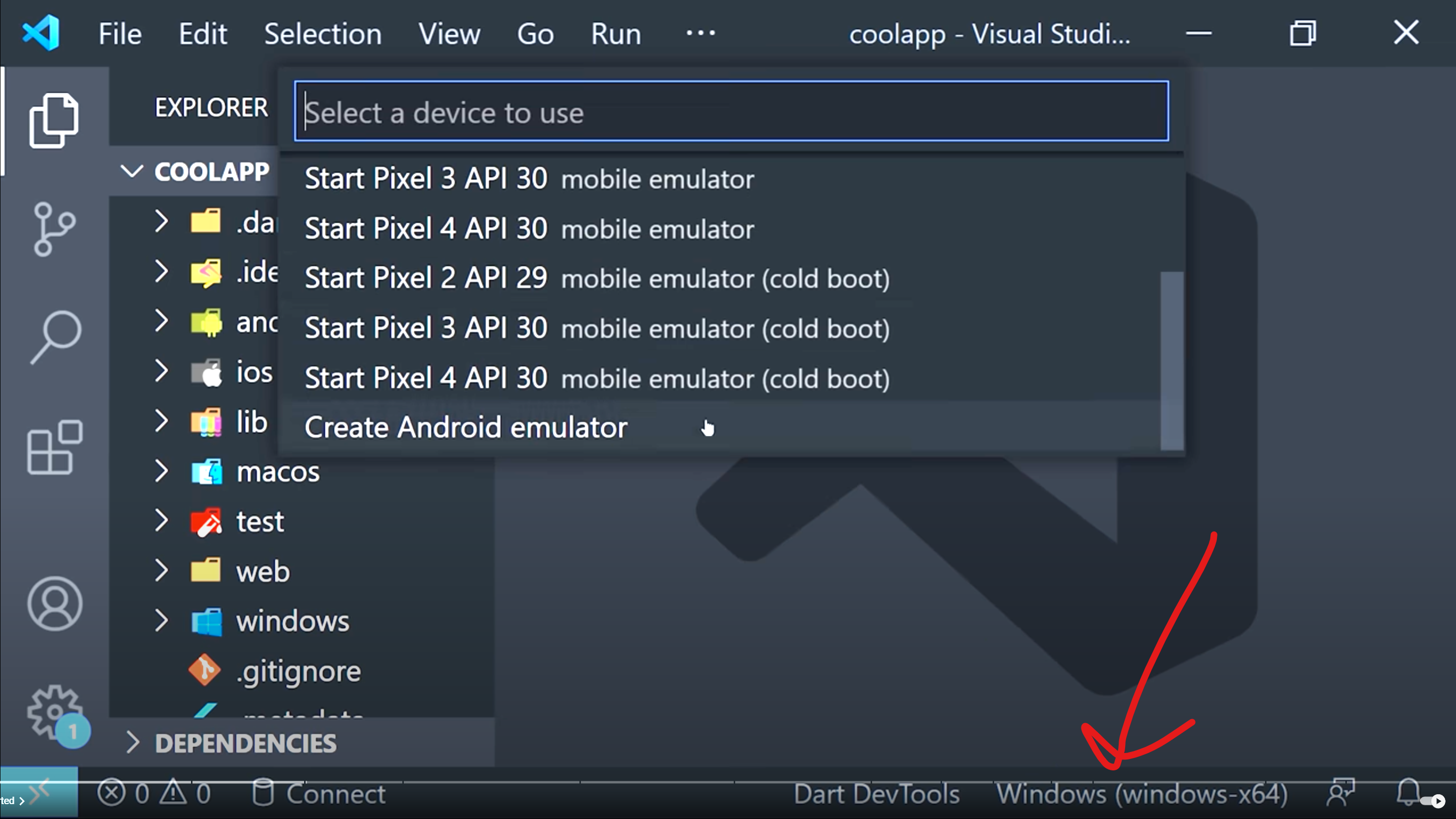 Flutter choose device VS Code