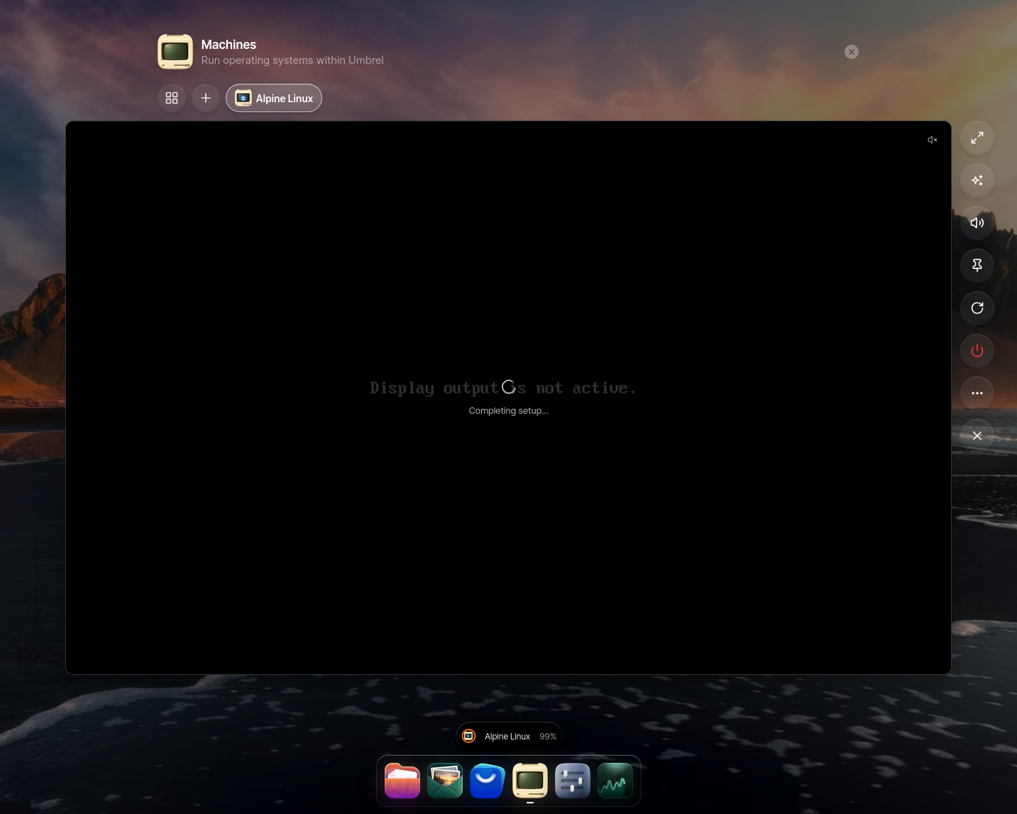Alpine machine installing inside umbrelOS