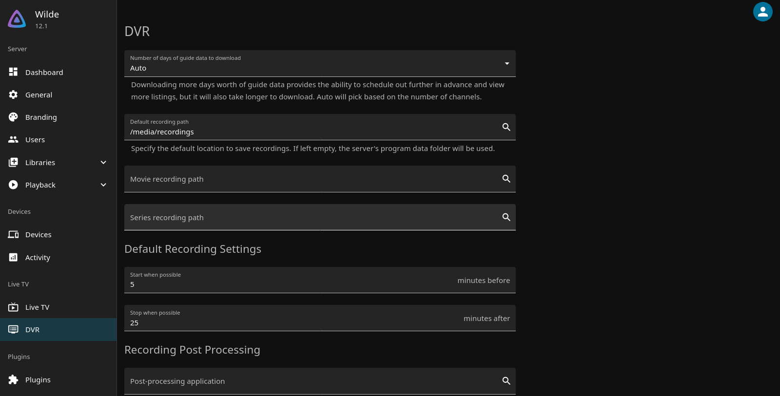 DVR settings — default recording path
