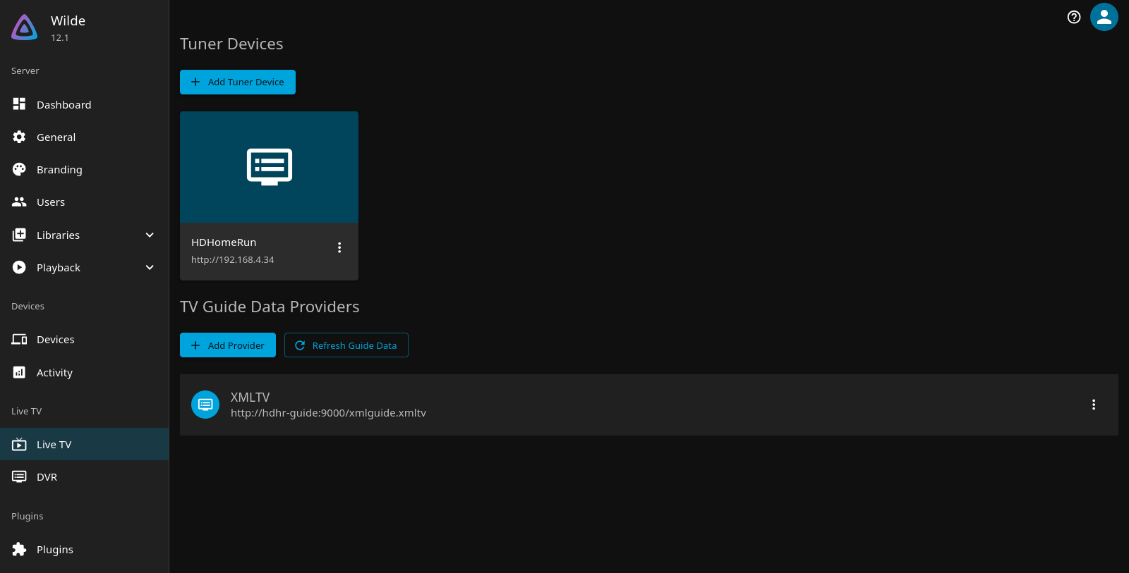 Guide Data Providers with the XmlTV entry, and the HDHomeRun tuner device
